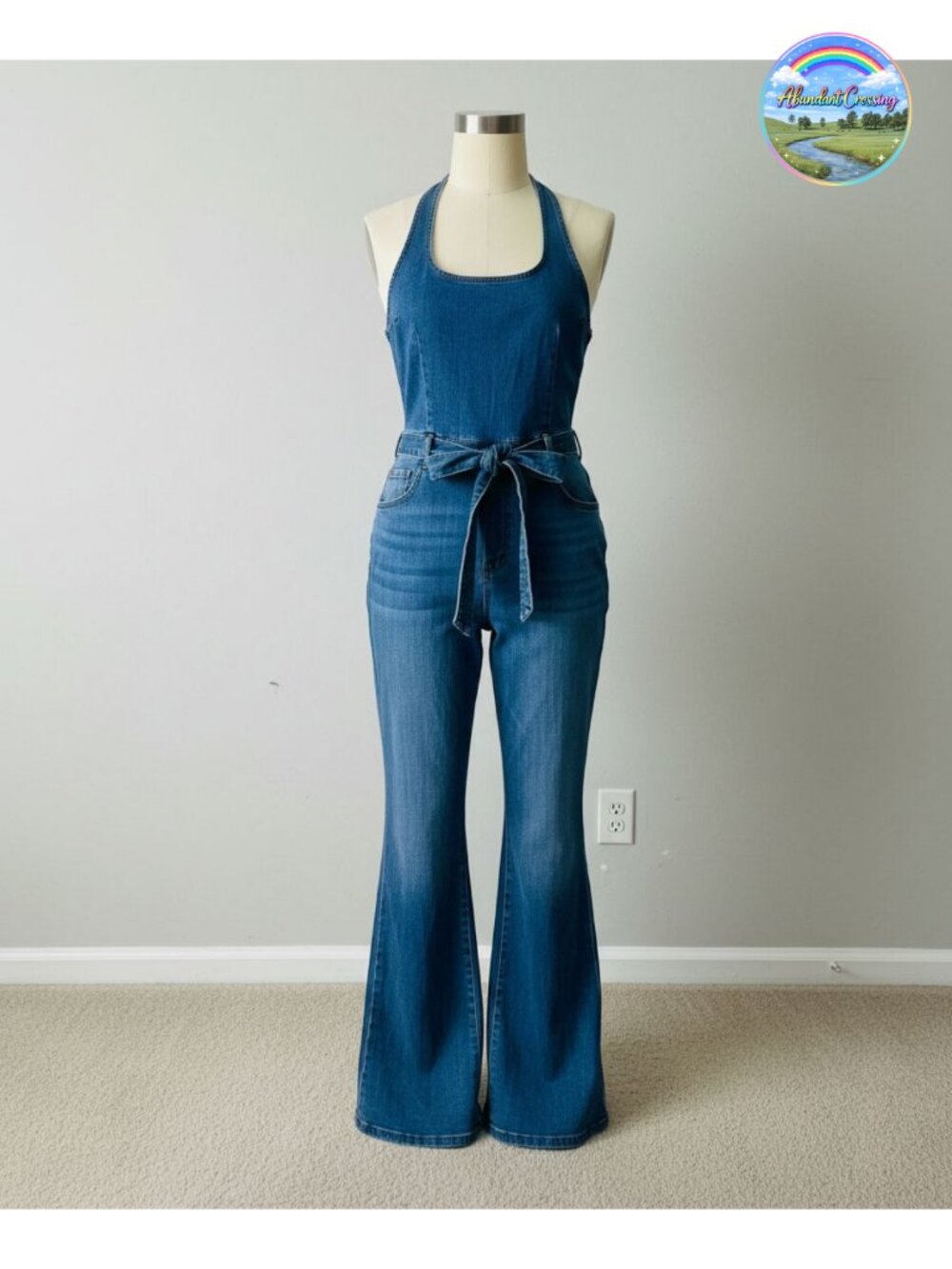 Halter Lace Up Backless Wide Leg Denim Jumpsuit with Belt